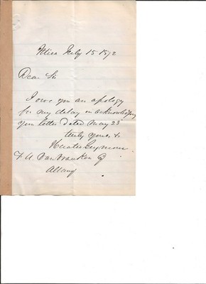 Horatio Seymour 1872 autographed letter signed-lost to U S Grant for presidency