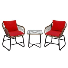 Patiojoy Patio 3PCS Rattan Bistro Set Cushioned Chair Glass Table Deck Red