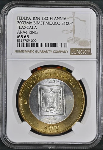 2003 Mo Mexico 180th Ann. Bimetal, Tlaxcala, 100 Peso MS65 NGC KM# 691