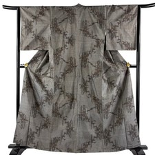 JAPANESE KIMONO TSUMUGI Ash brown 163cm 5 ft 4 in PURE SILK AA8299