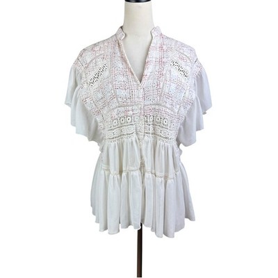 Anthropologie Akemi + Kin Womens XS Cream Embroidered Ruffled Button Up Top