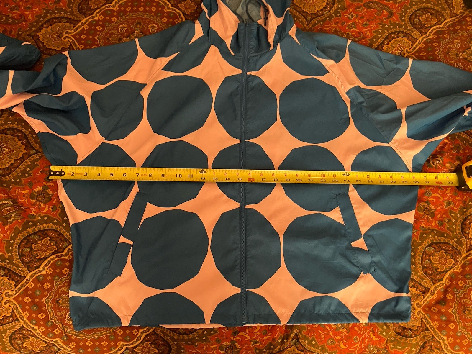 Marimekko Uniqlo Large Dot Jacket Wind Breaker Blue Pink Hood Zip Front XL thumbnail 12