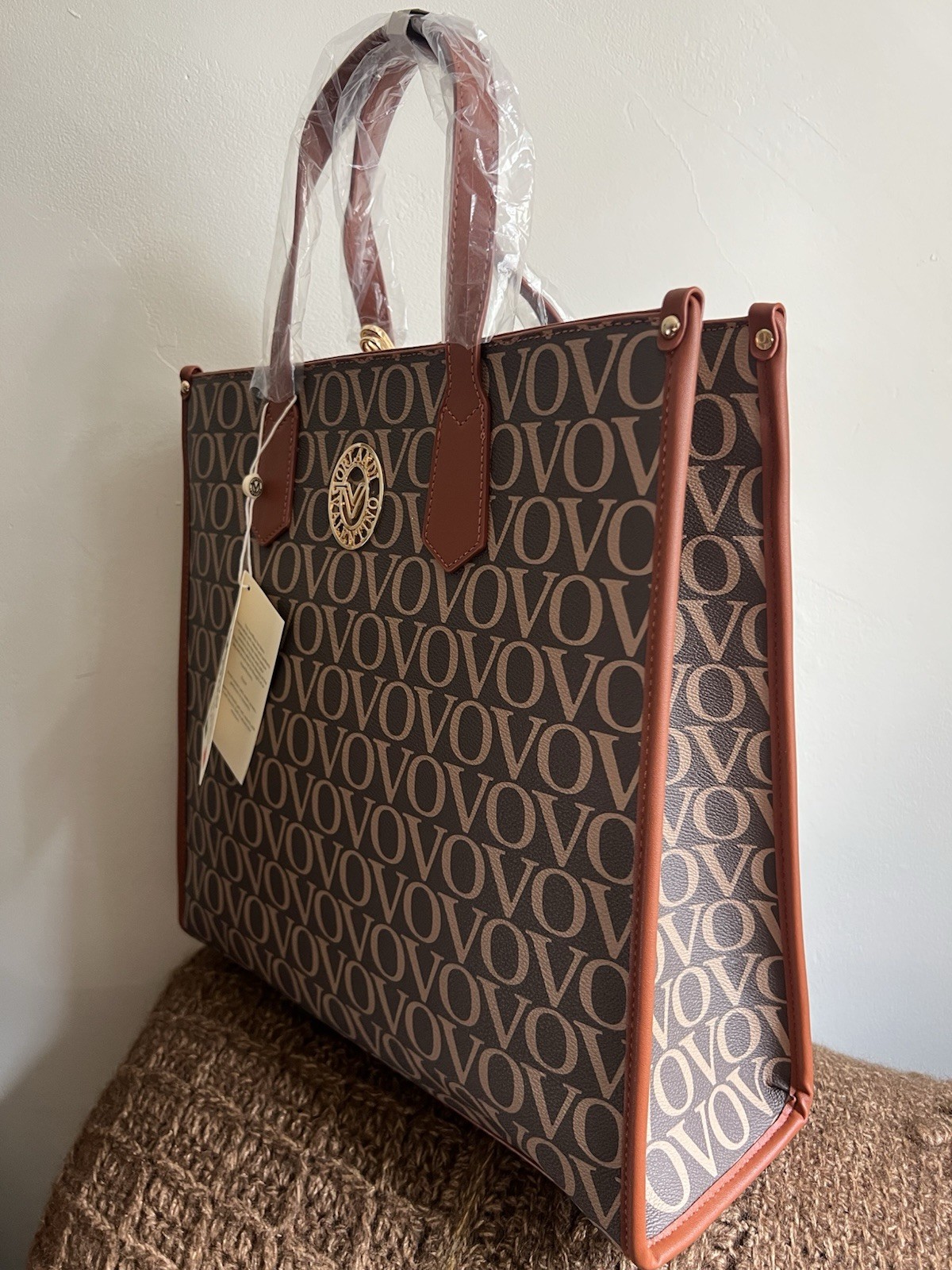 Valentino Orlandi VO Monogram Medium Tote Brown Beige Zip w/ Detachable Strap