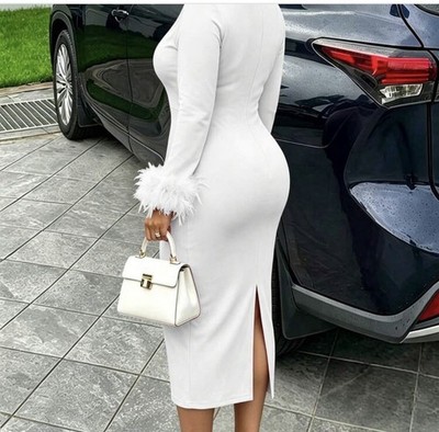 White Solid Cotton Sheath Midi Dress M Square Neck Long Sleeve Feather Cuff Slit