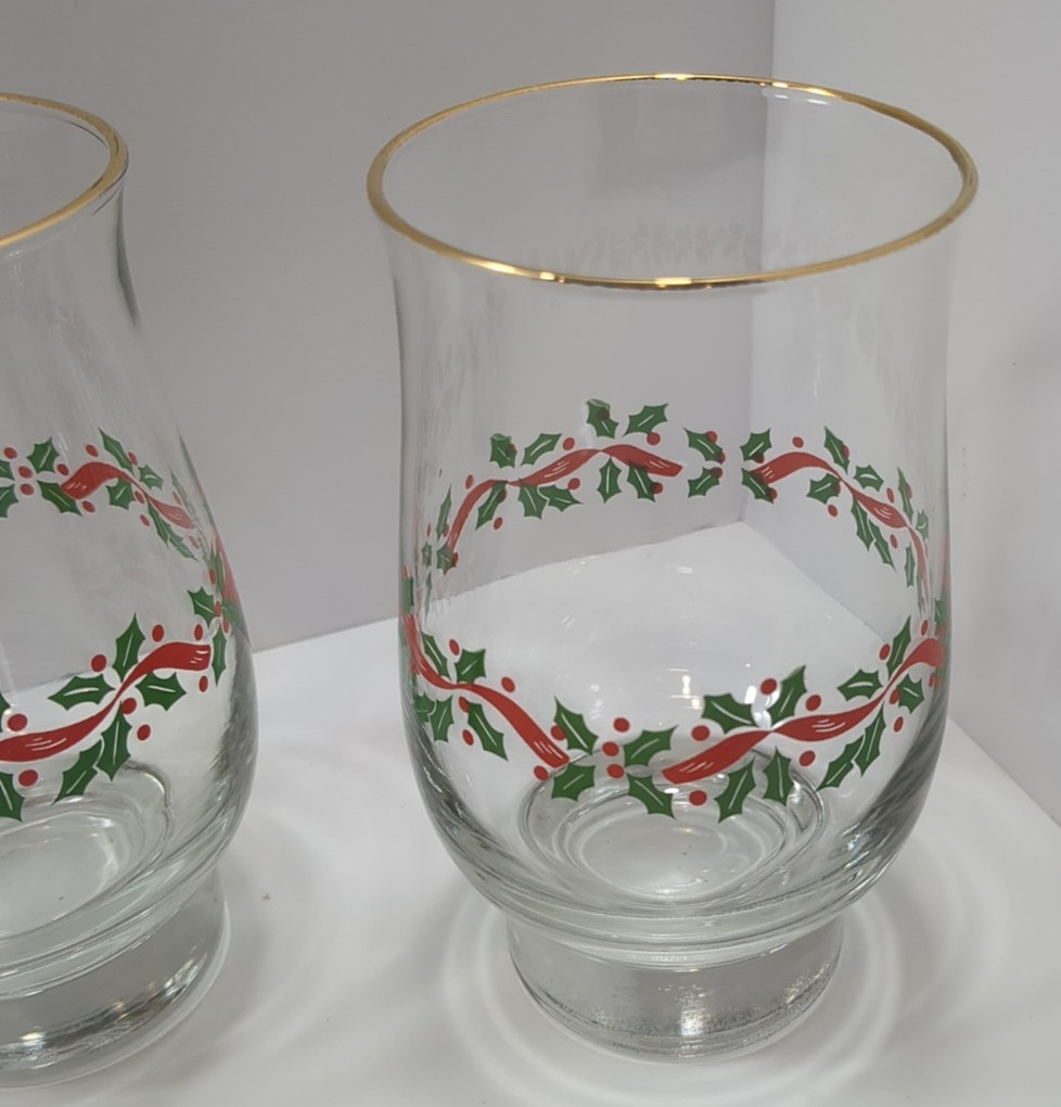 6 Libbey Christmas Holly Berry Glass Red Ribbon Tumbler Tulip Gold Rim 14 OZ