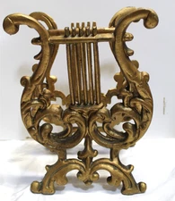 Vtg Cast Iron Metal Harp Lyre Sheet Music Book Holder Stand Rack Distressed Gold
