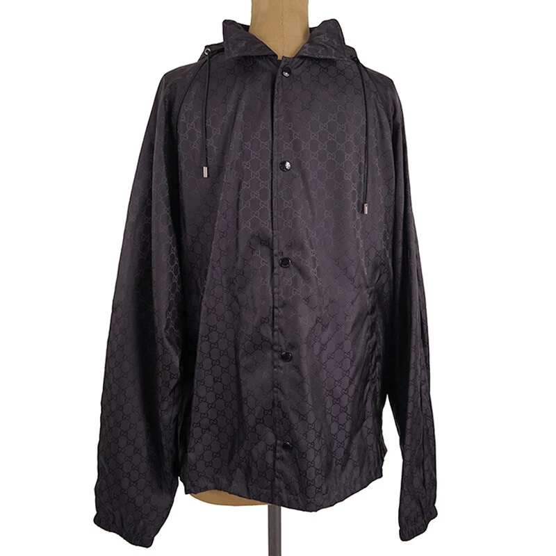 taglia 54 GIACCA FRANGIVENTO NUOVA $1900 GUCCI UOMO NERA GG JACQUARD CAPPUCCIO rimovibile