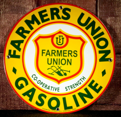 FARMERS UNION GASOLINE, CO-OP    PORCELAIN COLLECTIBLE, RUSTIC, ADVERTISING