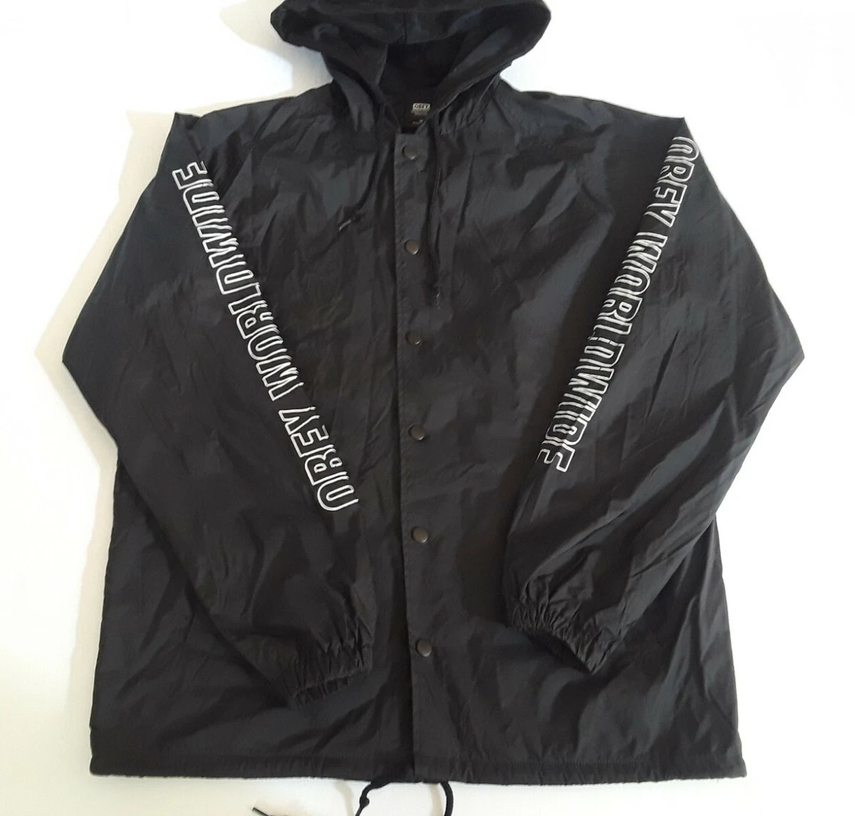 OBEY Worldwide Hooded Black Windbreaker Jacket Men's Medium Sleeve Graphics  | eBay