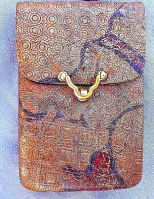 ANTIQUE JAPANESE FUKURO TOBACCO LEATHER POUCH WOOD CORAL & 22K