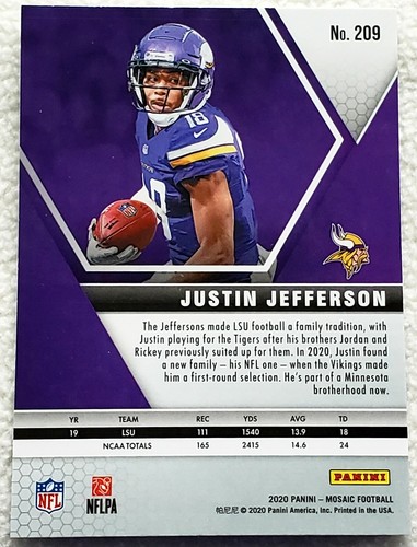 Justin Jefferson 2020 Panini Mosaic Base RC #209 MINNESOTA VIKINGS ๐ฅ๐ฅ๐ฅ - Picture 2 of 2