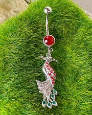 Bird Charm Red & Green Gems Belly Ring Navel Piercing Pierced Naval