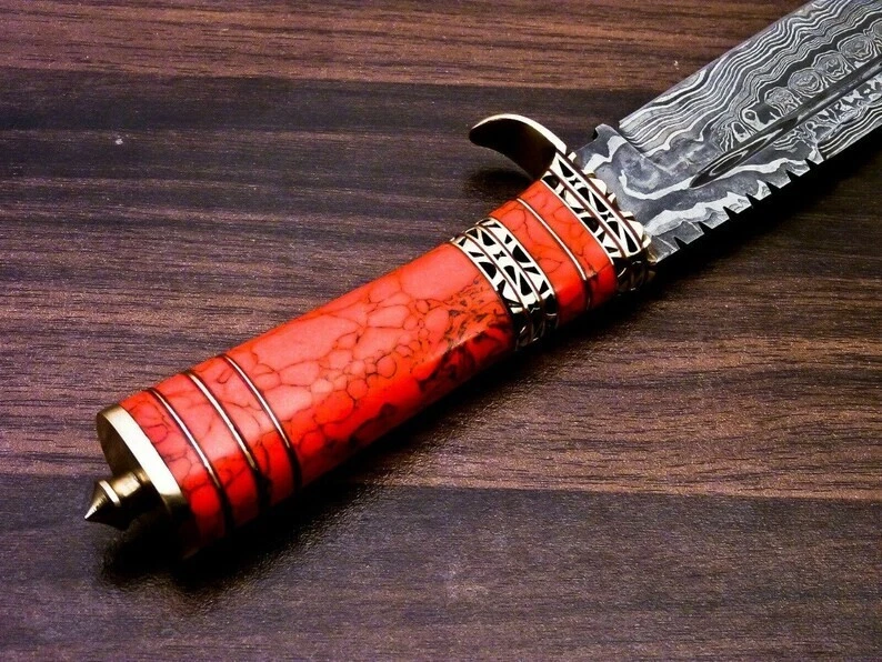 Beautiful Handmade Damascus Steel Hunting Bowie Knife with Red Jasper stone& Bra - Image 3 of 3