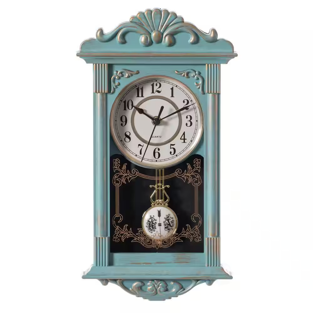 Vintage Blue Grandfather Wall Clock Wood-Look Battery-Operated Pendulum