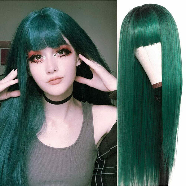 Green Long Straight Wigs With Bangs Synthetic Green Wigs  display picture 2