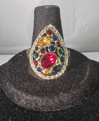 Beautiful Dazzling Gold Tone Teardrop Shape Multi Color Faceted Stone Ring Sz 9