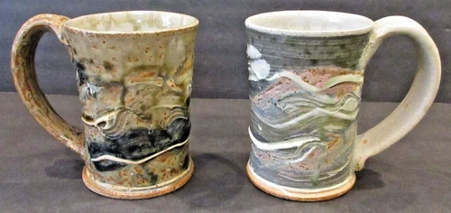 Studio Art Pottery Stoneware Coffee Small Mug Cup Set of 2 Swirl Pattern SIGNED