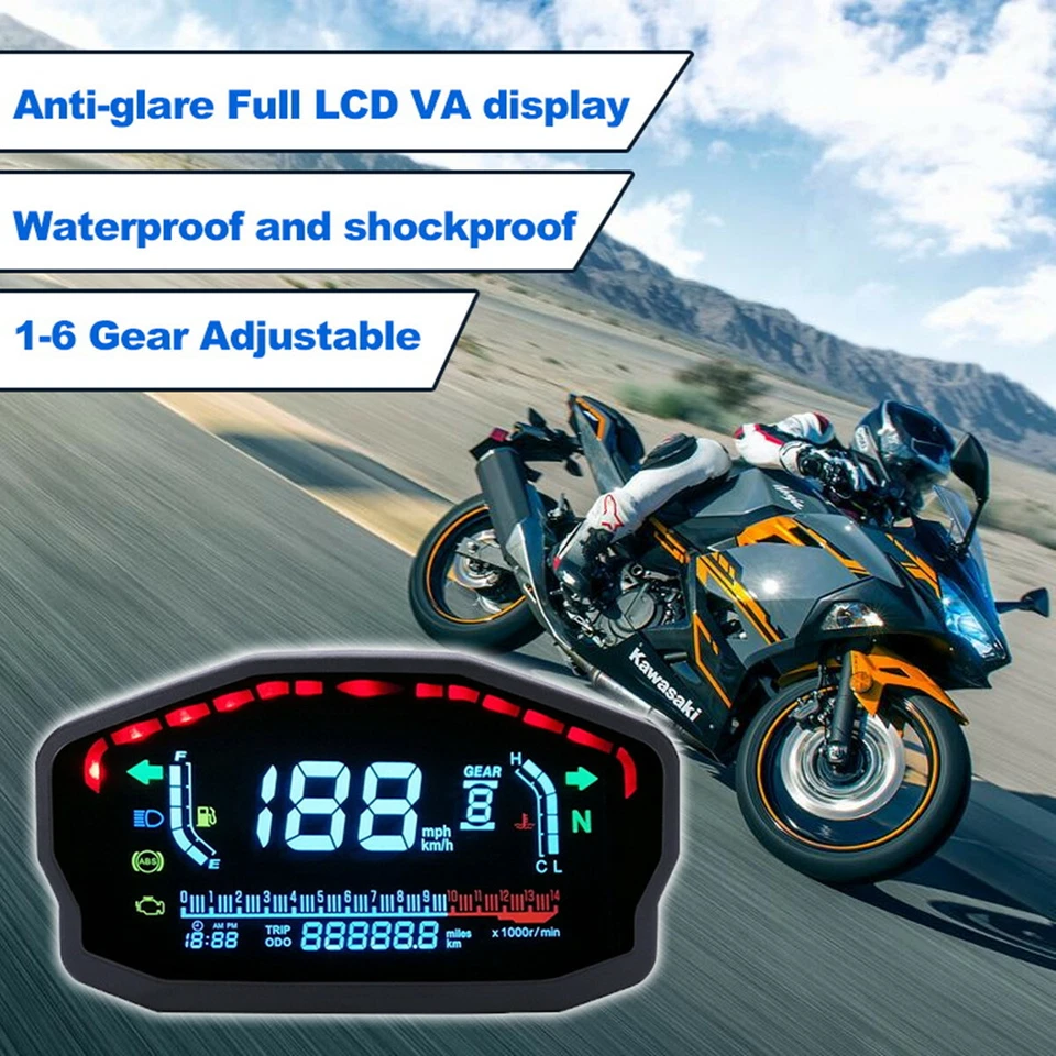 LCD Digital Motocicleta Velocímetro Odómetro Tacómetro KM/H MPH Calibre Universal Foto 2 de 4
