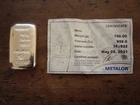 1  X  100g Silver Bullion Bar - Metalor  With Certification 999.0 Fineness
