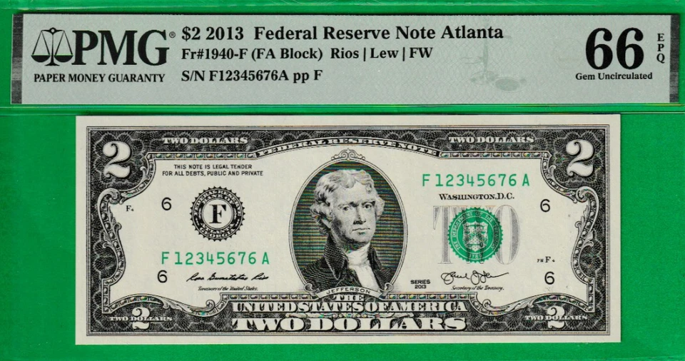 $2  TWO DOLLAR Federal Reserve note LADDER Serial Numbers 1-2-3-4-5-6-7-6 PMG 66 - Image 2 of 3