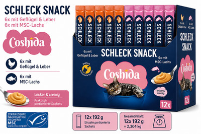 12x 192g COSHIDA Schleck Snack Geflügel, Leber & MSC Lachs lecker & cremig