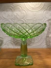 Vintage Green Depression Glass Pedestal Compote – Lattice Pattern – 1930s