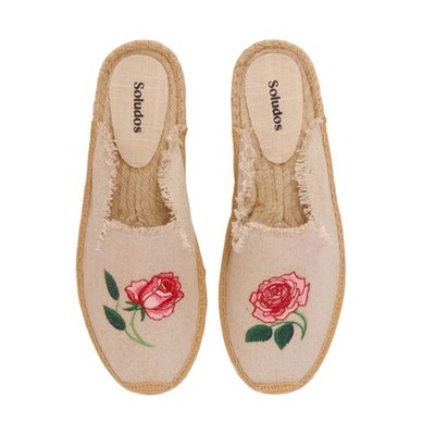 Soludos Women 10/10.5 Smoking Mule Espadrilles Rose Embroidered Natural Canvas