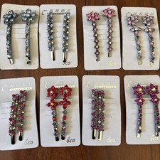 Rhinestone Crystal AB Pins Barrette Hair Clips 8 Sets Pink Blue Red Vtg Look