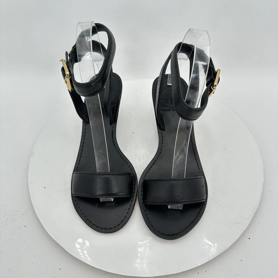 Tory Burch Miller Wedge Women Size 5.5 Black Leather Open Toe Wedges Shoes - Image 4 of 4