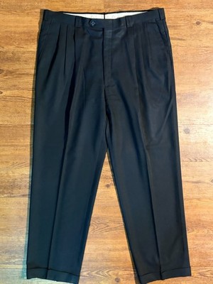 Vintage Jos Bank 37x32 Black Pure Wool Dress Pants Pleated Cuffed Susp Btns USA