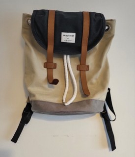 Sandqvist Stig Mini Kids Backpack Organic Cotton Leather Blue Sage Grey RRP £130