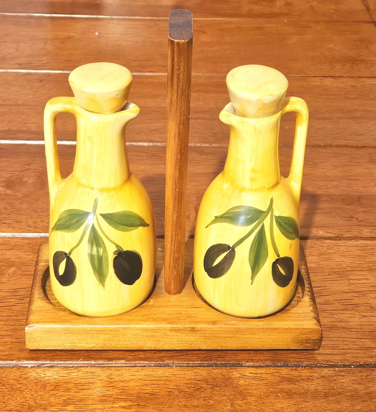 Vintage Italian Style Ceramic Olive Oil and Vinegar Dispenser Cruet Set on Stand