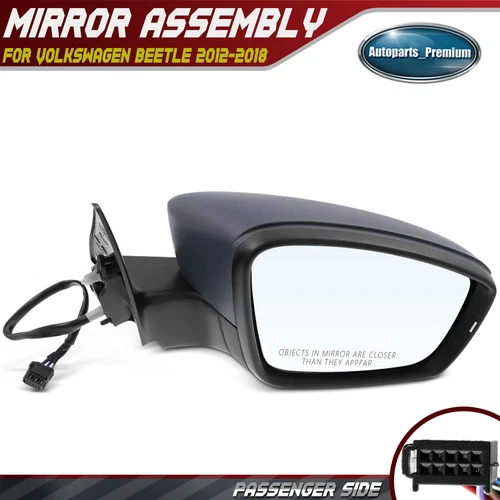Passenger Right Side Black Powered Heated Mirror for Volkswagen Beetle 2012-2018