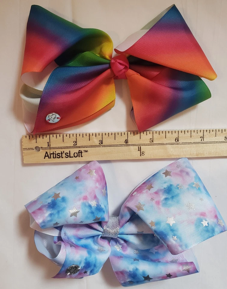 2 Girls Jojo Hairbows  1 Rainbow 1 Pink & Blue With Silver Stars 7x4" - Image 3 of 4