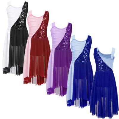 DE Kinder Mädchen Tanzbekleidung Ärmellos Kleid Kontrastfarbe Rock Latein Kostüm
