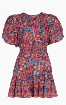 New Farm Rio Floral Birds Puff-Sleeve Minidress In Blush Sz L $210