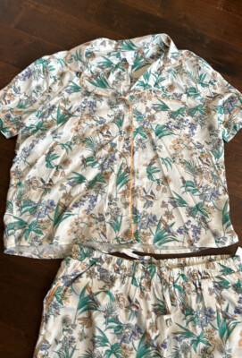 Japna Womens Linen Blend 2 Pc Pajama Set Floral Birds Shorts