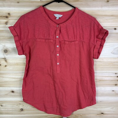 Lucky Brand Shirt Women's Small Coral Half Button Up Short Sleeve Blouse