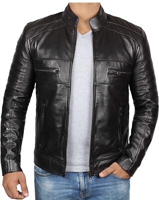 Decrum XS Mens Racer Leather Jacket - Black Distressed Authentic Lambskin, New