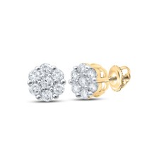 10K Yellow Gold Womens Round Diamond Flower Cluster Earrings 1/5 Cttw