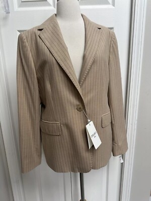 NWT $980 Cinzia Rocca Due Wool Blazer SZ 14 Classic Camel Pinstripe