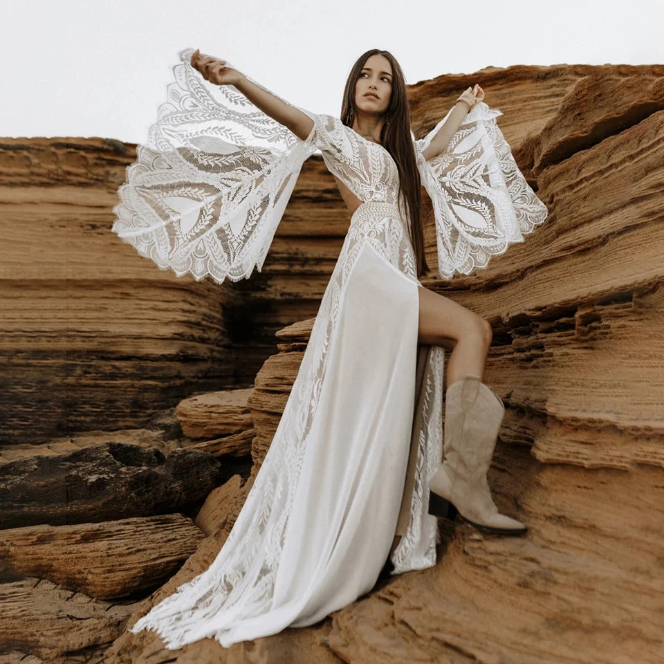 Long Split Sleeves Boho Bridal Gown V-Neck Chiffon Lace A Line Wedding Dress - Image 3 of 4