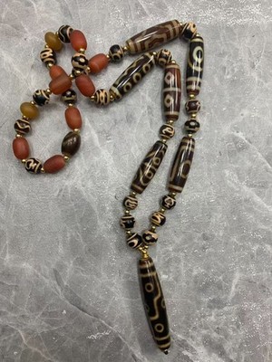 Pure Tibetan Old Agate Dzi Beads Necklaces W/Agate Dzi *9Eyed* Bead Pendant