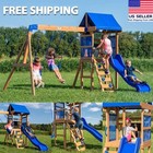 Kids Outdoor Cedar Wood Swing Set Play Set With Clubhouse Slide Rock Wall Ladder