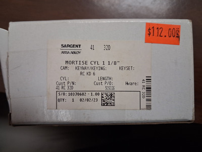 SARGENT Assa Abloy  41 97 32D Mortise Cyl 1- 1/8 Keyway Keying RG 1Bit 6 New
