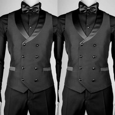 Black Double Breasted Vest Satin Lapel Waistcoat Formal Wedding Prom Groom Vest