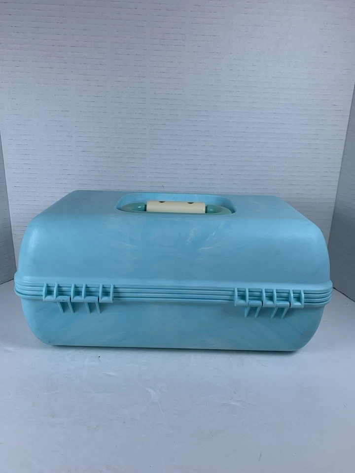 复古 Caboodles 盒子化妆盒蓝色带托盘和镜子 (WP157) — 第 2/4 张图片