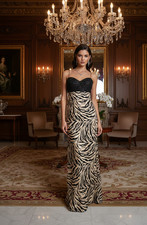 JOVANI Gown 6 black gold Zebra silk  dress Beaded Sequin Bodice Luxury Gala Prom