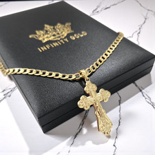 9ct Gold XP Crucifix Cross Pendant On 5mm Curb Chain 24" Big Mens Gold Cross