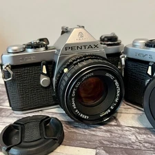 PENTAX ME & MV1 SLR 35mm Film Camera Silver Body w/ SMC PENTAX-M 50mm 1:2 Lens!